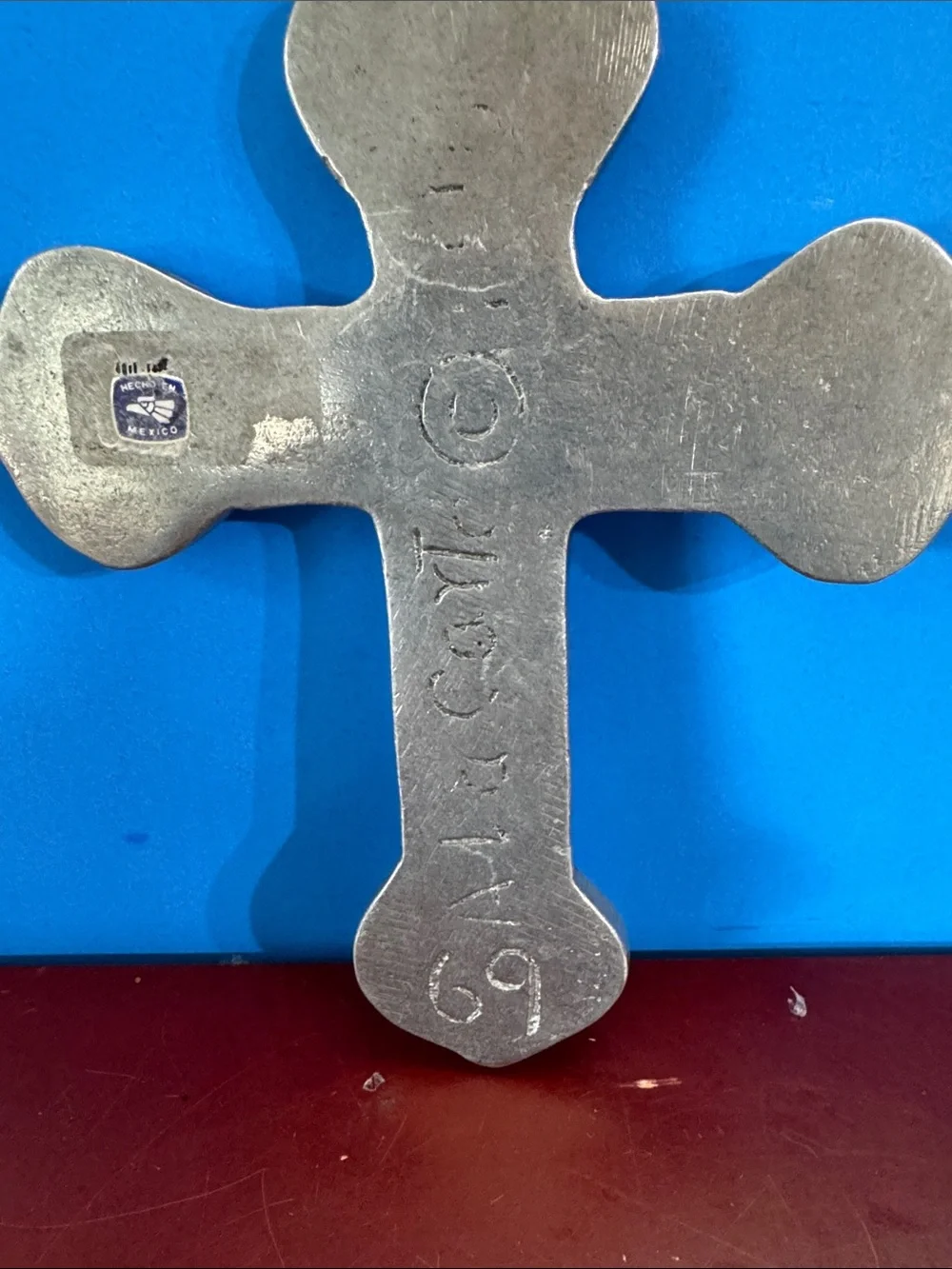 Vintage Cross Signed A La Carte Silver Tone Metal Pewter Mexican Folk Art #69